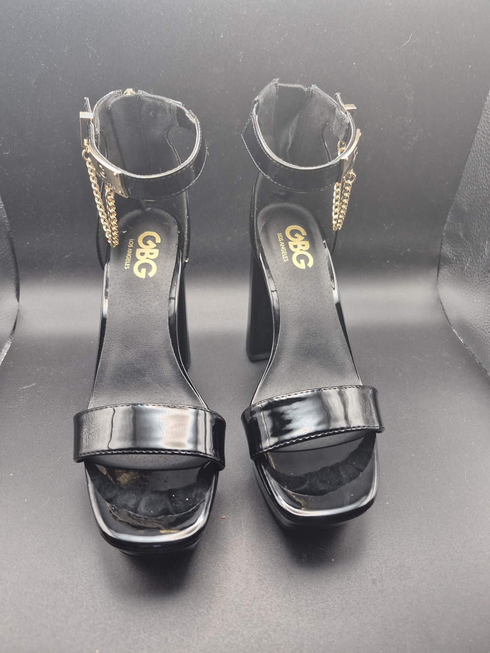 GBG Los Angeles Black Patent Ankle-Strap Platform Sandals